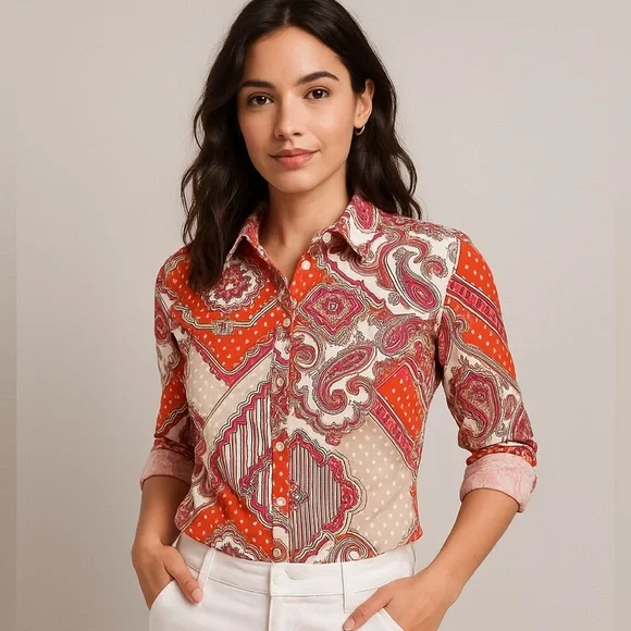 Van Heusen Patchwork Paisley Button Front Shirt XL Red Pink Cotton - Picture 4 of 14